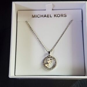 Michael Kors Silver Tone Pave MK Logo Circle Pendant Necklace MKJX7326040 Gift